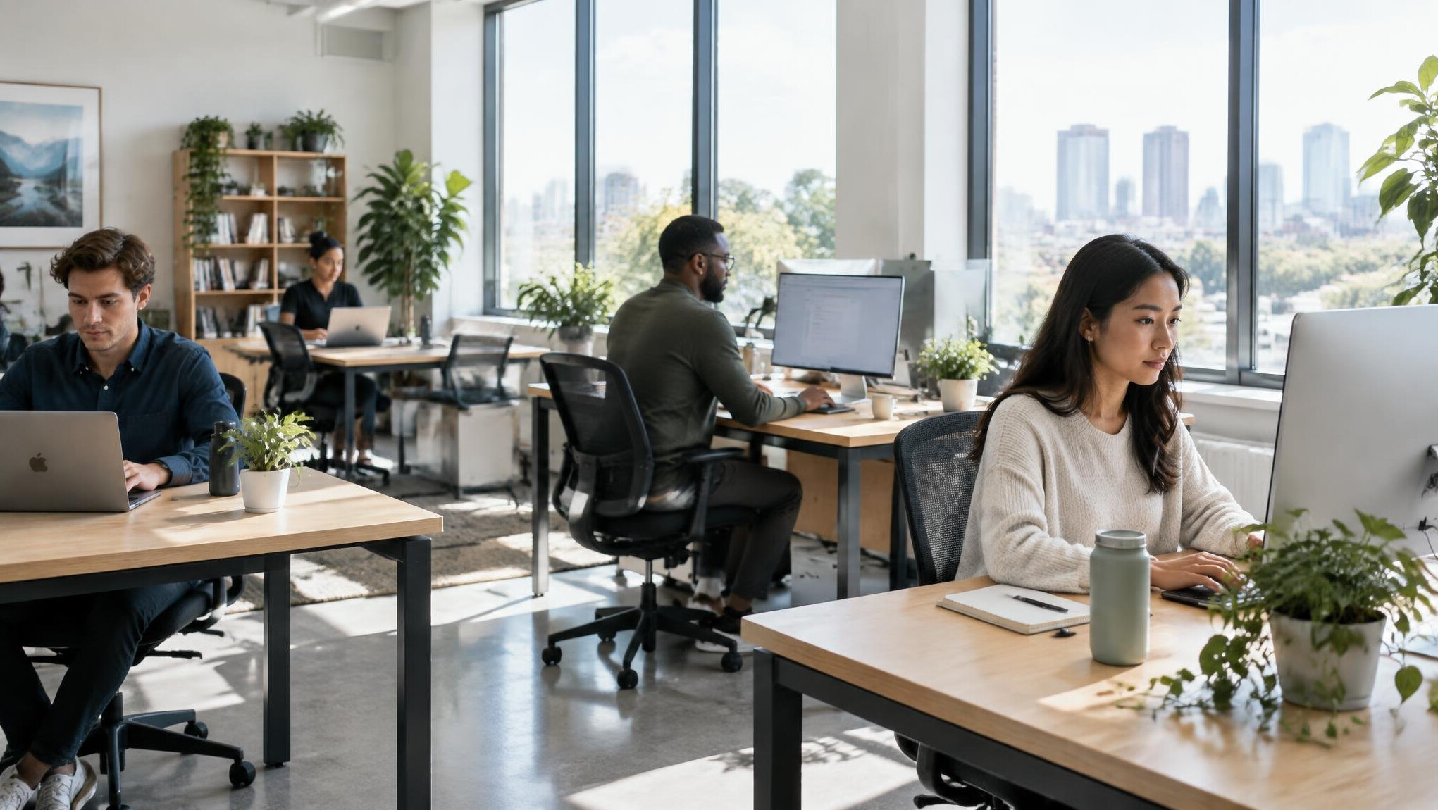 Bright modern office space with people working at desks