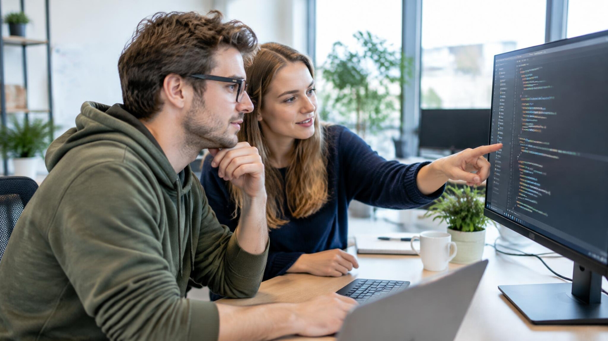Two developers collaborating and pointing at code on a monitor