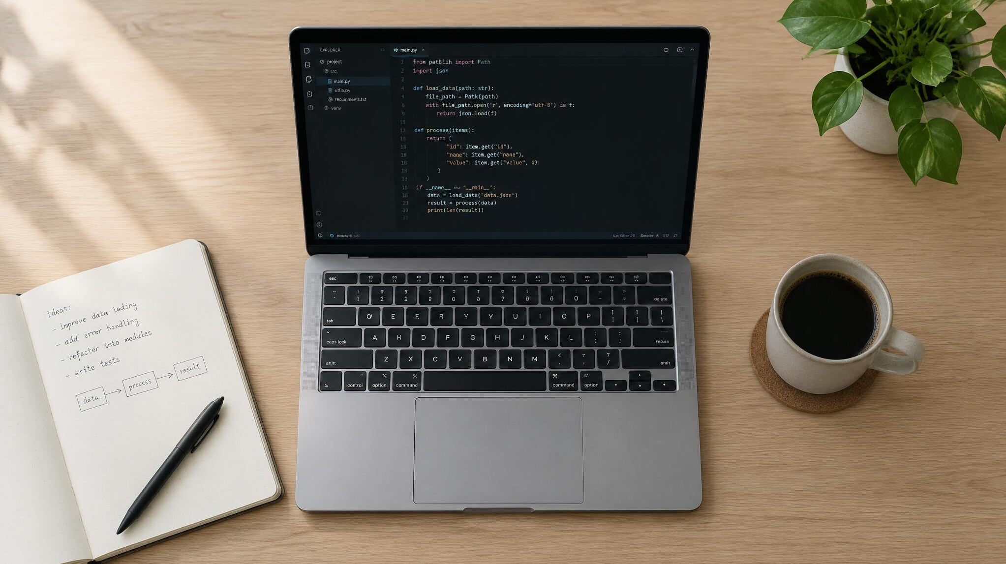 Overhead view of a desk with a laptop, notebook and coffee